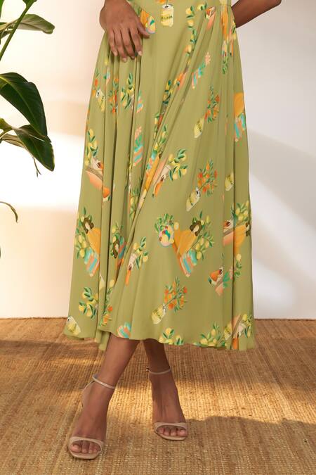 Masaba_Green Crepe, Silk Sweetheart Neck Tangy Print Corset Dress_at_Aza_Fashions