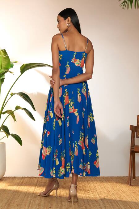Shop Masaba Blue Crepe, Silk Sweetheart Neck Tangy Print Midi Corset Dress at Aza Fashions Shop_Masaba_Blue Crepe, Silk Sweetheart Neck Tangy Print Midi Corset Dress_at_Aza_Fashions