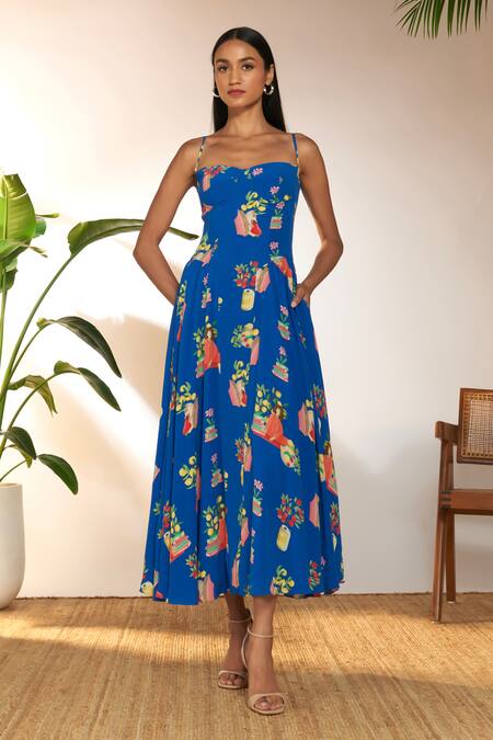 Masaba Blue Crepe, Silk Sweetheart Neck Tangy Print Midi Corset Dress Online at Aza Fashions Masaba_Blue Crepe, Silk Sweetheart Neck Tangy Print Midi Corset Dress_Online_at_Aza_Fashions