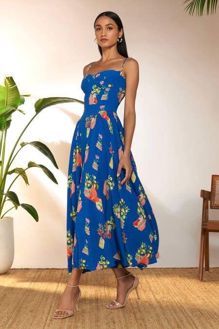Buy Masaba Blue Crepe, Silk Sweetheart Neck Tangy Print Midi Corset Dress Online at Aza Fashions Buy_Masaba_Blue Crepe, Silk Sweetheart Neck Tangy Print Midi Corset Dress_Online_at_Aza_Fashions