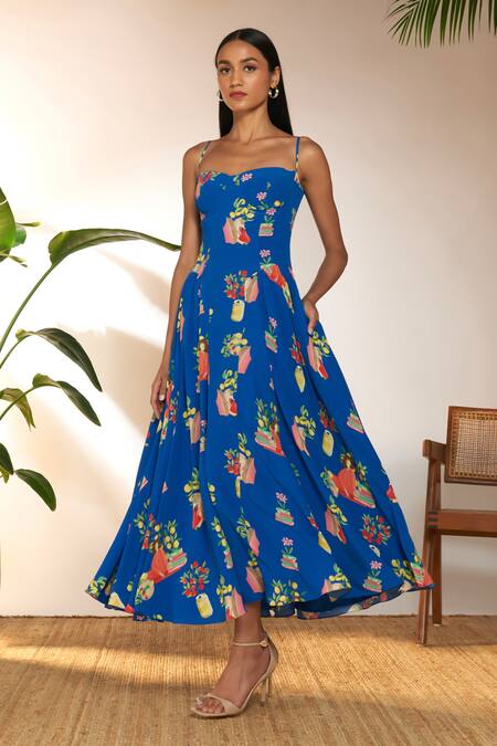 Shop Masaba Blue Crepe, Silk Sweetheart Neck Tangy Print Midi Corset Dress Online at Aza Fashions Shop_Masaba_Blue Crepe, Silk Sweetheart Neck Tangy Print Midi Corset Dress_Online_at_Aza_Fashions