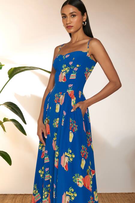Masaba Blue Crepe, Silk Sweetheart Neck Tangy Print Midi Corset Dress at Aza Fashions Masaba_Blue Crepe, Silk Sweetheart Neck Tangy Print Midi Corset Dress_at_Aza_Fashions