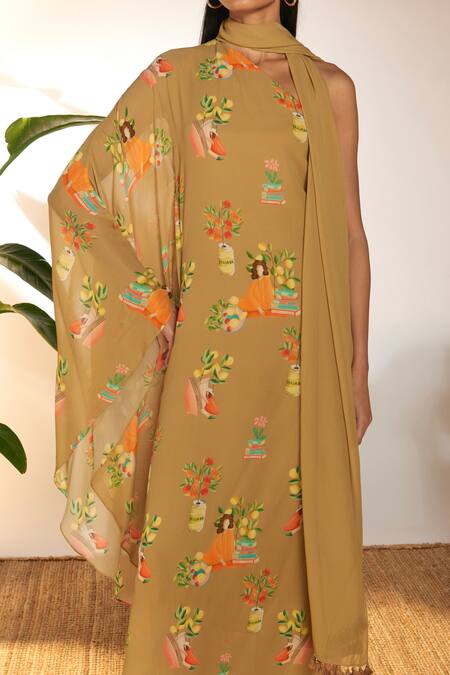 Buy_Masaba_Beige Georgette One Shoulder Tangy Print Kaftan _Online_at_Aza_Fashions