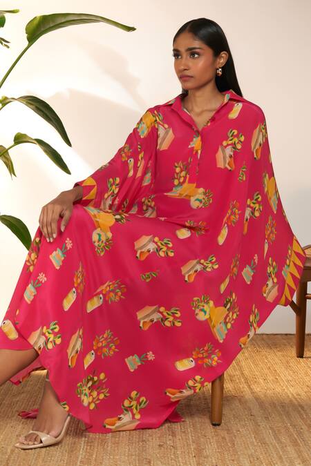 Shop_Masaba_Pink Viscose, Crepe Shawl Neck Tangy Print Collared Kaftan_Online_at_Aza_Fashions