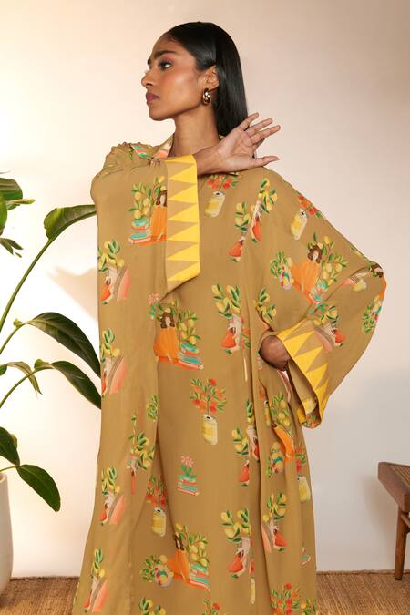 Shop Masaba Beige Georgette, Viscose Shawl Neck Tangy Print Collared Midi Kaftan Online at Aza Fashions Shop_Masaba_Beige Georgette, Viscose Shawl Neck Tangy Print Collared Midi Kaftan_Online_at_Aza_Fashions
