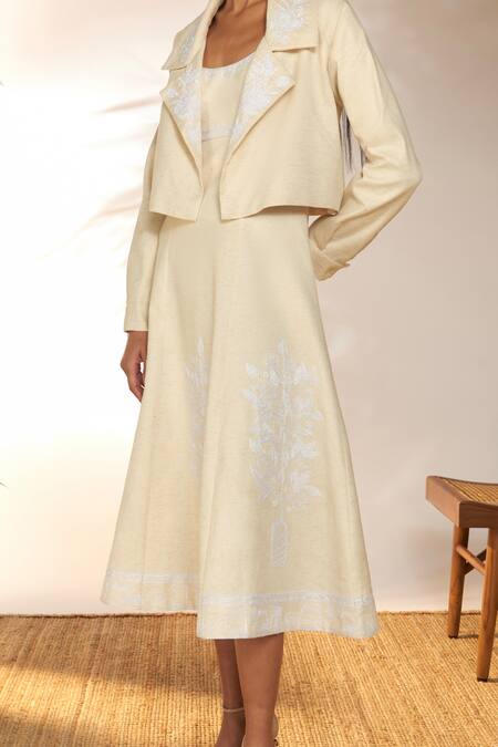 Masaba Ivory Cotton, Linen Embroidery Open Neck Pomegranate Jacket Online at Aza Fashions Masaba_Ivory Cotton, Linen Embroidery Open Neck Pomegranate Jacket_Online_at_Aza_Fashions