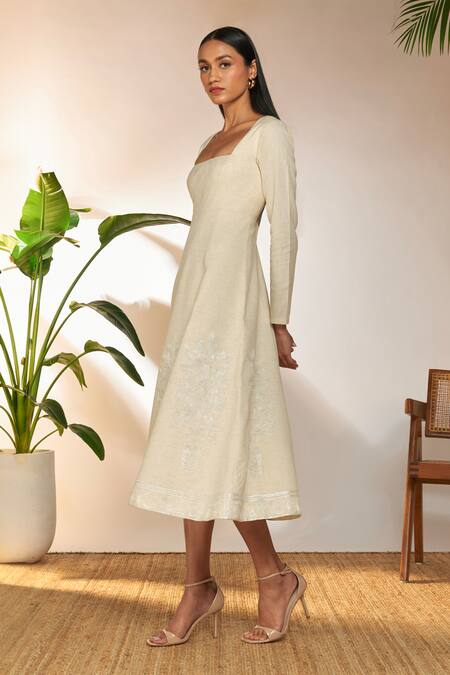 Masaba_Ivory Cotton, Linen Embroidery Square Neck Pomegranate Dress_Online_at_Aza_Fashions