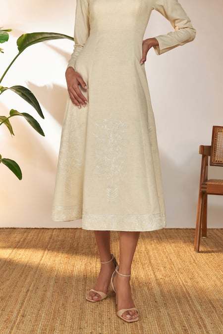 Buy_Masaba_Ivory Cotton, Linen Embroidery Square Neck Pomegranate Dress_Online_at_Aza_Fashions