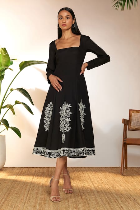 Masaba Black Cotton Linen Embroidered Pomegranate Square Paneled Dress