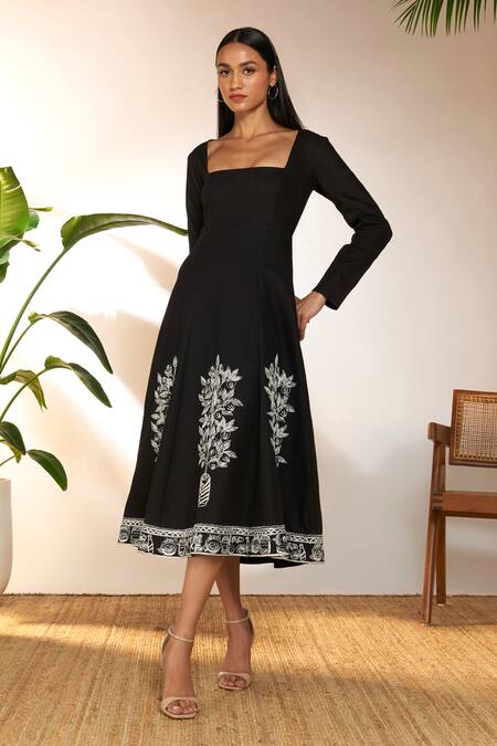 Buy Masaba Black Cotton, Linen Embroidery Square Neck Pomegranate Paneled Dress Online at Aza Fashions Buy_Masaba_Black Cotton, Linen Embroidery Square Neck Pomegranate Paneled Dress_Online_at_Aza_Fashions