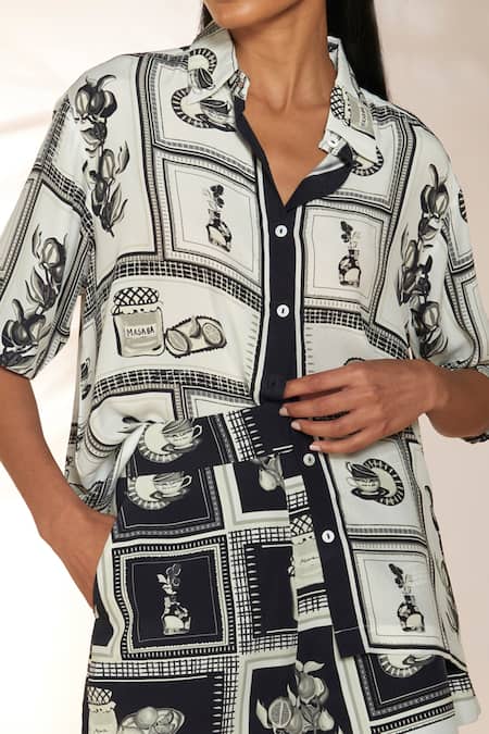 Masaba_Black Crepe, Silk Checkmate Print Shirt_at_Aza_Fashions