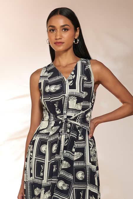 Masaba_Black Crepe, Silk Beads V-neck Checkmate Print Midi Dress_Online_at_Aza_Fashions