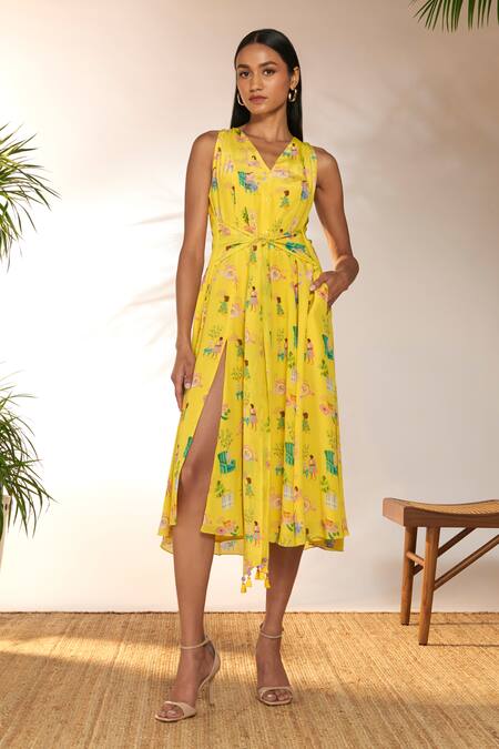 Masaba_Yellow Crepe, Silk Beads V-neck Jam And Toast Print Midi Dress_Online_at_Aza_Fashions