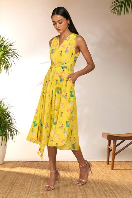 Buy_Masaba_Yellow Crepe, Silk Beads V-neck Jam And Toast Print Midi Dress_Online_at_Aza_Fashions