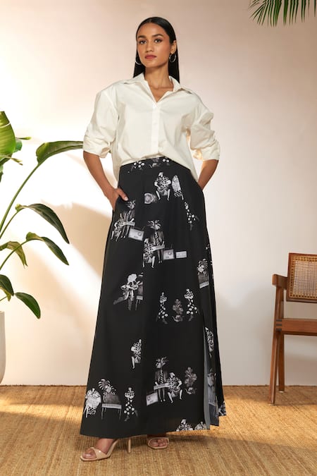 Masaba Black 100% Cotton Printed Tropicool Greyscale Maxi Skirt