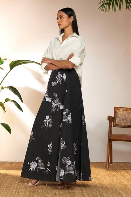 Buy_Masaba_Black Cotton Tropicool Greyscale Print Maxi Skirt_Online_at_Aza_Fashions