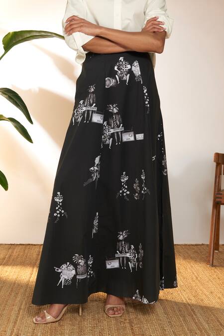 Shop_Masaba_Black Cotton Tropicool Greyscale Print Maxi Skirt_Online_at_Aza_Fashions