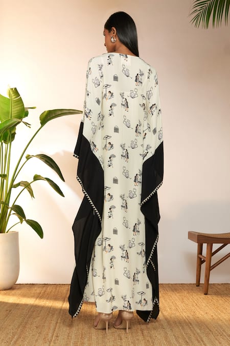 Shop Masaba Ivory Viscose, Crepe V-neck Jam And Toast Contrast Print Kaftan at Aza Fashions Shop_Masaba_Ivory Viscose, Crepe V-neck Jam And Toast Contrast Print Kaftan_at_Aza_Fashions