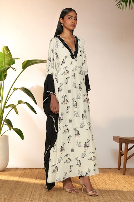 Masaba Ivory Viscose, Crepe V-neck Jam And Toast Contrast Print Kaftan Online at Aza Fashions Masaba_Ivory Viscose, Crepe V-neck Jam And Toast Contrast Print Kaftan_Online_at_Aza_Fashions