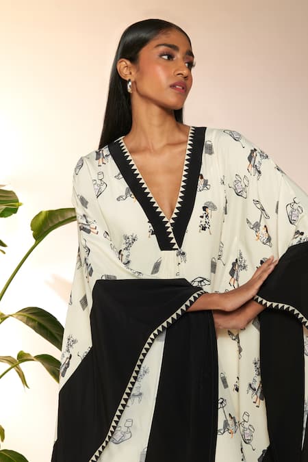 Shop Masaba Ivory Viscose, Crepe V-neck Jam And Toast Contrast Print Kaftan Online at Aza Fashions Shop_Masaba_Ivory Viscose, Crepe V-neck Jam And Toast Contrast Print Kaftan_Online_at_Aza_Fashions