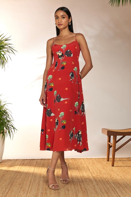 Masaba Red Crepe Silk Printed Tropicool Scoop Backless Dress