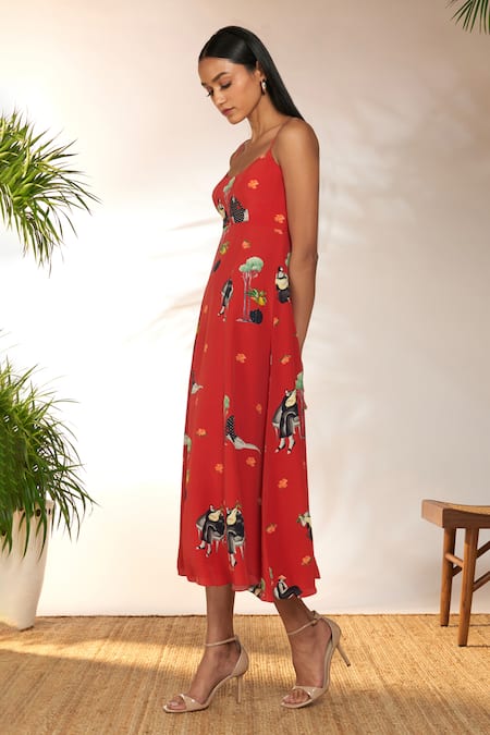 Masaba_Red Crepe, Silk Scoop Neck Tropicool Print Backless Dress_Online_at_Aza_Fashions