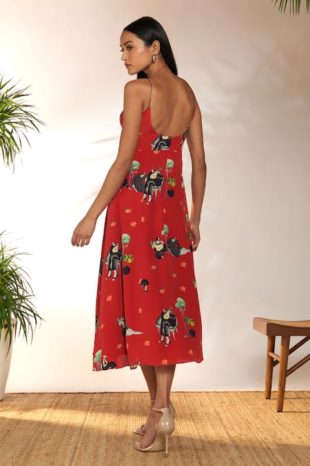 Buy_Masaba_Red Crepe, Silk Scoop Neck Tropicool Print Backless Dress_Online_at_Aza_Fashions