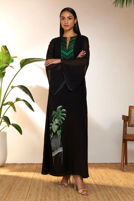 Buy Masaba Black Georgette Embroidery Split V-neck Tropicool Piano Print And Kaftan Online at Aza Fashions Buy_Masaba_Black Georgette Embroidery Split V-neck Tropicool Piano Print And Kaftan_Online_at_Aza_Fashions