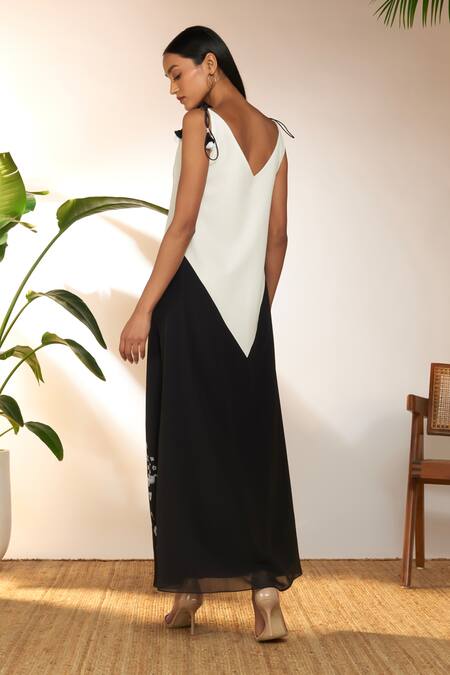 Shop Masaba Black Crepe, Silk Embroidery V-neck Color Block Tropicool Spaghetti Dress at Aza Fashions Shop_Masaba_Black Crepe, Silk Embroidery V-neck Color Block Tropicool Spaghetti Dress_at_Aza_Fashions