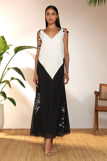 Masaba Black Crepe, Silk Embroidery V-neck Color Block Tropicool Spaghetti Dress Online at Aza Fashions Masaba_Black Crepe, Silk Embroidery V-neck Color Block Tropicool Spaghetti Dress_Online_at_Aza_Fashions