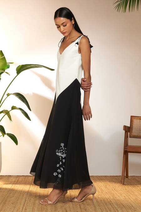 Buy Masaba Black Crepe, Silk Embroidery V-neck Color Block Tropicool Spaghetti Dress Online at Aza Fashions Buy_Masaba_Black Crepe, Silk Embroidery V-neck Color Block Tropicool Spaghetti Dress_Online_at_Aza_Fashions