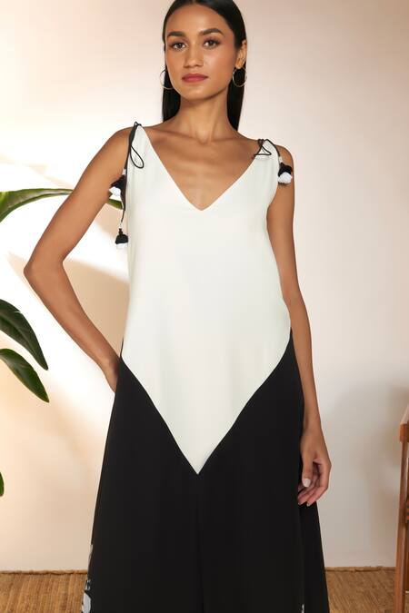 Shop Masaba Black Crepe, Silk Embroidery V-neck Color Block Tropicool Spaghetti Dress Online at Aza Fashions Shop_Masaba_Black Crepe, Silk Embroidery V-neck Color Block Tropicool Spaghetti Dress_Online_at_Aza_Fashions