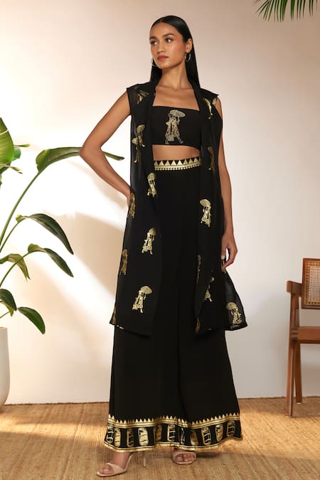 Masaba Black Crepe Silk Embroidered Sunny Day Bustier Foil Print Shrug And Pant Set