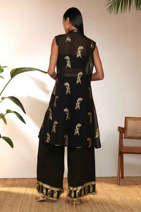 Shop Masaba Black Crepe, Silk Embroidery, Foil Printing Square Sunny Day Shrug And Pant Set at Aza Fashions Shop_Masaba_Black Crepe, Silk Embroidery, Foil Printing Square Sunny Day Shrug And Pant Set_at_Aza_Fashions