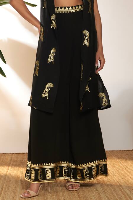 Masaba Black Crepe, Silk Embroidery, Foil Printing Square Sunny Day Shrug And Pant Set Online at Aza Fashions Masaba_Black Crepe, Silk Embroidery, Foil Printing Square Sunny Day Shrug And Pant Set_Online_at_Aza_Fashions