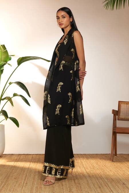 Buy Masaba Black Crepe, Silk Embroidery, Foil Printing Square Sunny Day Shrug And Pant Set Online at Aza Fashions Buy_Masaba_Black Crepe, Silk Embroidery, Foil Printing Square Sunny Day Shrug And Pant Set_Online_at_Aza_Fashions