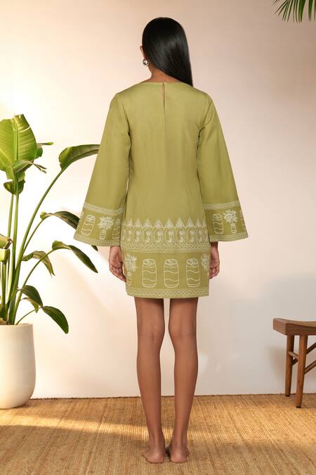 Shop_Masaba_Green Cotton, Linen Embroidery Scoop Neck Cans Mini Dress_at_Aza_Fashions