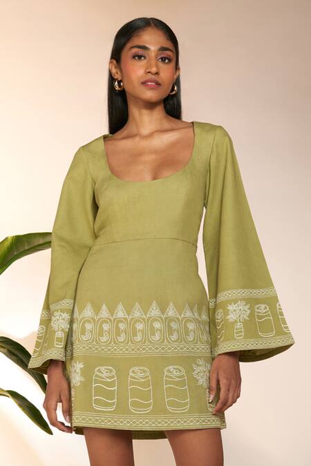 Masaba_Green Cotton, Linen Embroidery Scoop Neck Cans Mini Dress_Online_at_Aza_Fashions