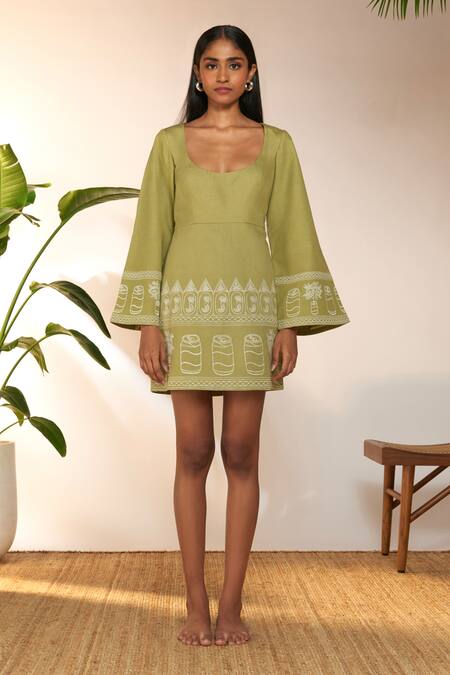 Masaba_Green Cotton, Linen Embroidery Scoop Neck Cans Mini Dress_at_Aza_Fashions