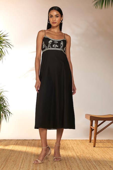 Masaba Black Cotton Linen Embroidered Sunny Day Scoop Whimsical Dress