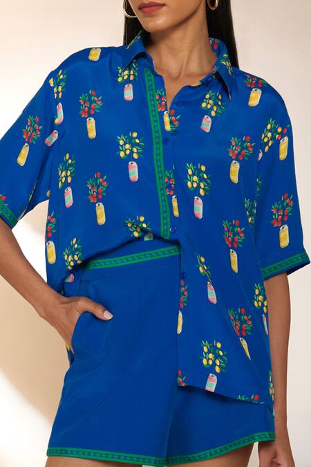 Shop_Masaba_Blue Crepe, Silk Embroidery Collared Fizz Fantasy Print Shirt _Online_at_Aza_Fashions