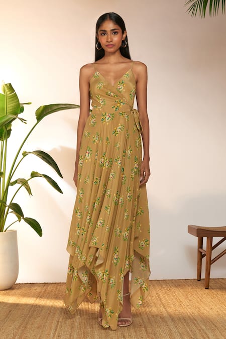 Masaba Beige Crepe Silk Printed Lemon Frenzy Plunged V Handkerchief Dress