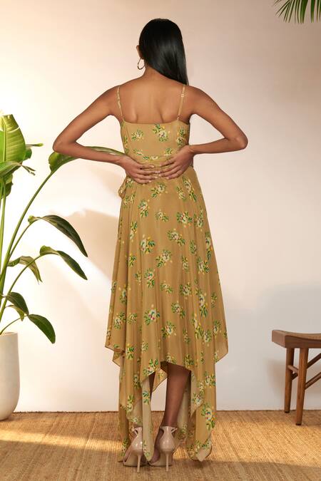 Shop Masaba Beige Crepe, Silk Plunge Neck Lemon Frenzy Print Handkerchief Dress at Aza Fashions Shop_Masaba_Beige Crepe, Silk Plunge Neck Lemon Frenzy Print Handkerchief Dress_at_Aza_Fashions
