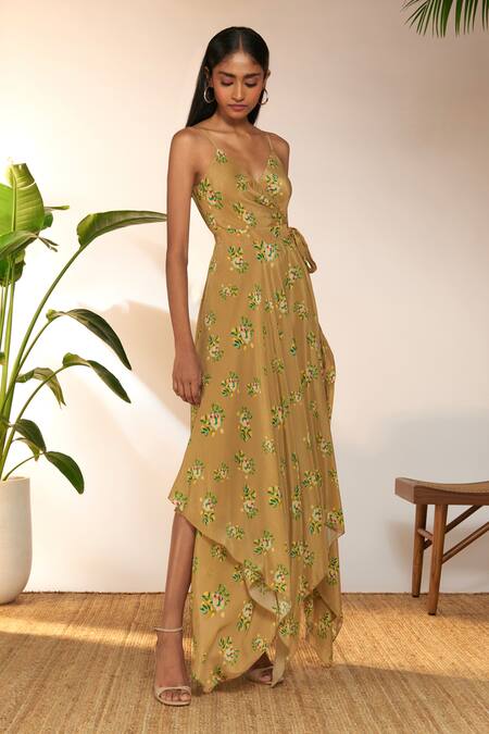 Buy Masaba Beige Crepe, Silk Plunge Neck Lemon Frenzy Print Handkerchief Dress Online at Aza Fashions Buy_Masaba_Beige Crepe, Silk Plunge Neck Lemon Frenzy Print Handkerchief Dress_Online_at_Aza_Fashions