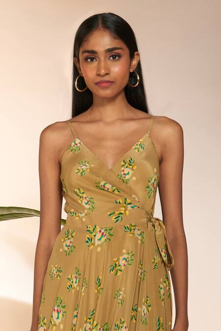 Shop Masaba Beige Crepe, Silk Plunge Neck Lemon Frenzy Print Handkerchief Dress Online at Aza Fashions Shop_Masaba_Beige Crepe, Silk Plunge Neck Lemon Frenzy Print Handkerchief Dress_Online_at_Aza_Fashions