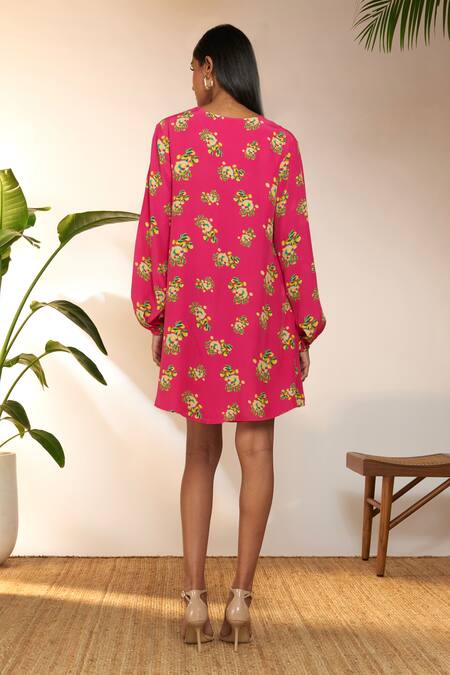 Shop Masaba Pink Crepe, Silk Pearls Open Neck Lemon Frenzy Print Mini Dress at Aza Fashions Shop_Masaba_Pink Crepe, Silk Pearls Open Neck Lemon Frenzy Print Mini Dress_at_Aza_Fashions