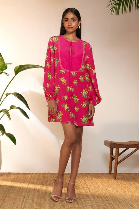 Masaba Pink Crepe, Silk Pearls Open Neck Lemon Frenzy Print Mini Dress Online at Aza Fashions Masaba_Pink Crepe, Silk Pearls Open Neck Lemon Frenzy Print Mini Dress_Online_at_Aza_Fashions