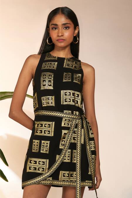 Masaba Black Georgette Foil Printing Round Neck Open Door Mini Wrap Dress Online at Aza Fashions Masaba_Black Georgette Foil Printing Round Neck Open Door Mini Wrap Dress_Online_at_Aza_Fashions