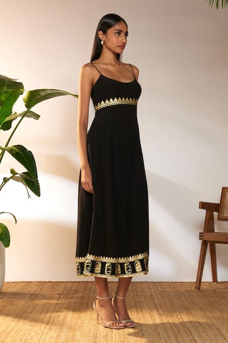 Masaba_Black Crepe, Silk Foil Printing Scoop Neck Border Backless Dress_Online_at_Aza_Fashions