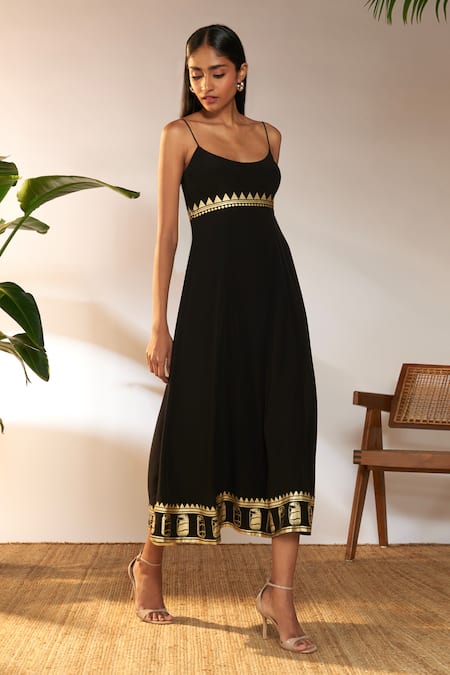 Buy_Masaba_Black Crepe, Silk Foil Printing Scoop Neck Border Backless Dress_Online_at_Aza_Fashions